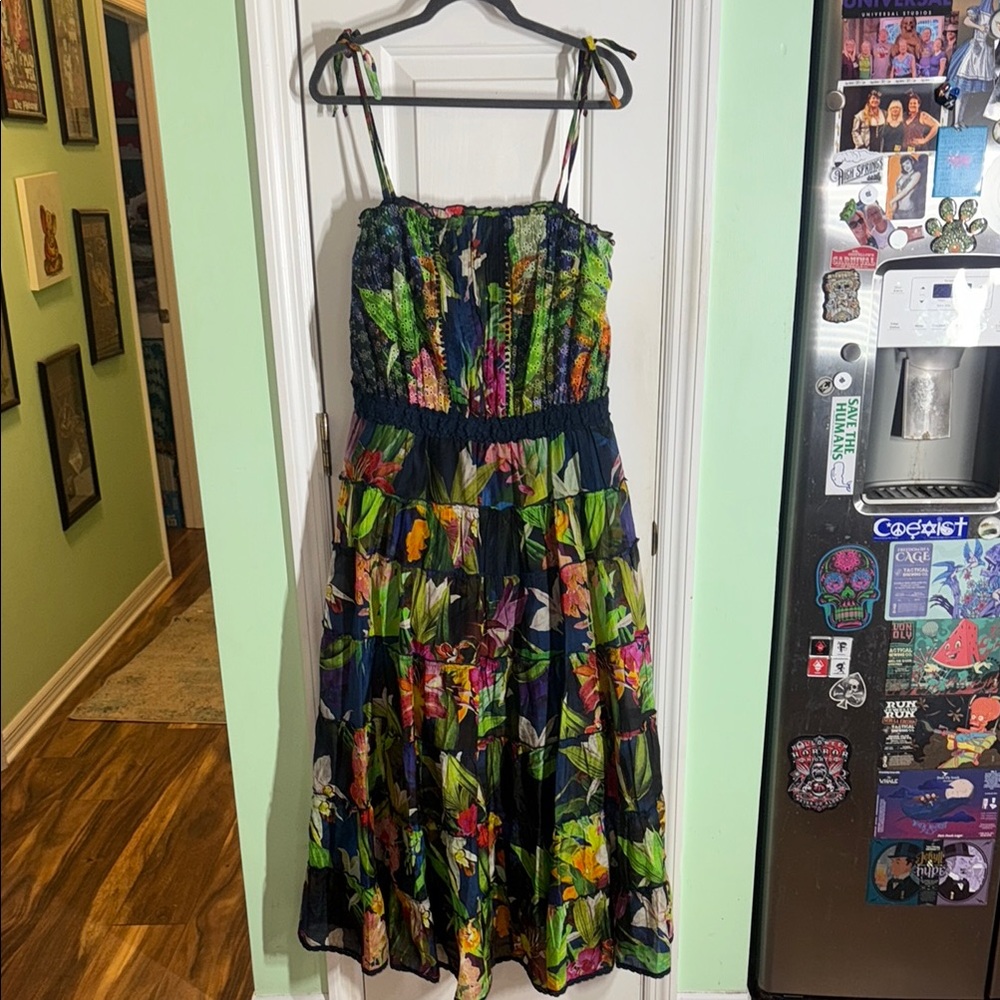 Guess Floral Print Kinsley Tiered Cotton Silk Boho Cottagecore Maxi Dress Size L - Picture 1 of 12